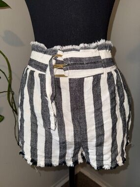 Umgee Black & White Vertical Stripe High-Waist Paperbag Shorts with Belt